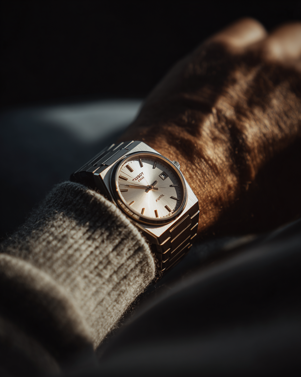 Close-up de um relógio de pulso Tissot PRX com mostrador prateado e pulseira metálica em um pulso, capturado em iluminação suave.