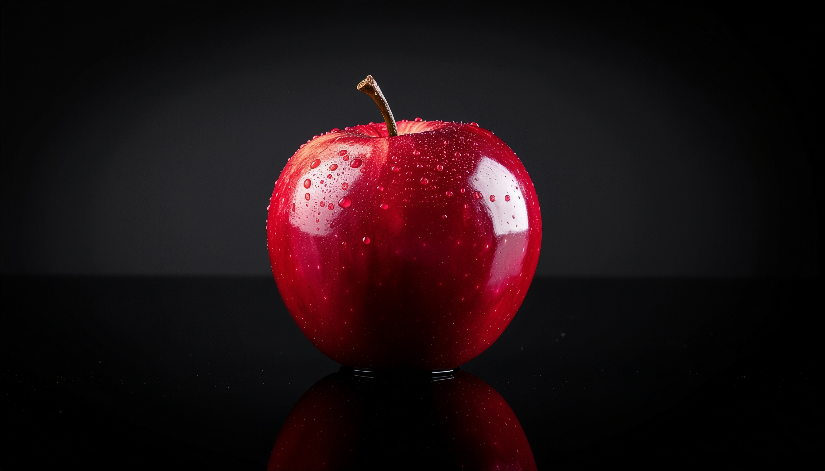 A vibrant red apple glistens with water droplets against a sleek black background