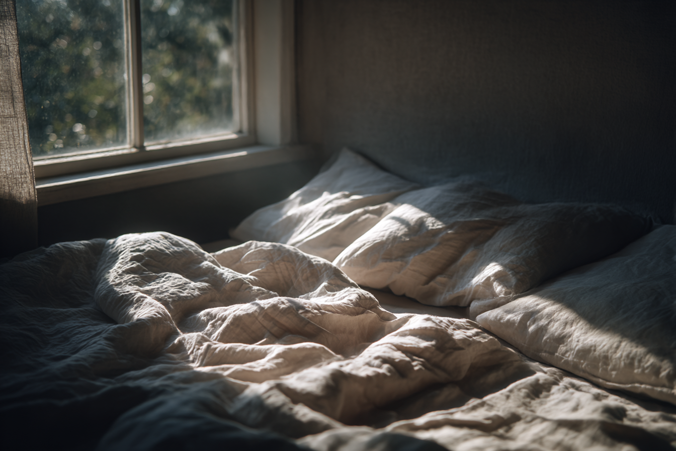 A imagem retrata um ambiente de quarto sereno, com luz suave filtrando através da janela. As cores predominantes são tons neutros e quentes, com um toque de luminosidade que destaca as texturas dos lençóis e travesseiros. A composição é minimalista, focando no conforto e tranquilidade do espaço.