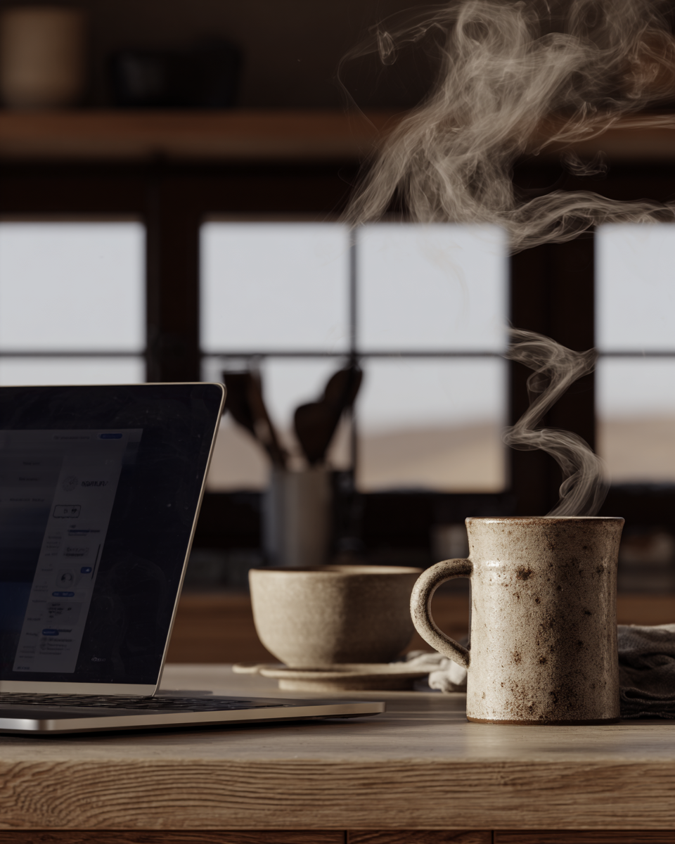 Cena de escritório em casa com laptop aberto em foco, acompanhado de caneca de café com vapor, criando atmosfera aconchegante. Iluminação natural suave destaca tons terrosos e texturas dos objetos sobre a mesa de madeira clara. Fundo desfocado com janelas deixa entrever um ambiente acolhedor.