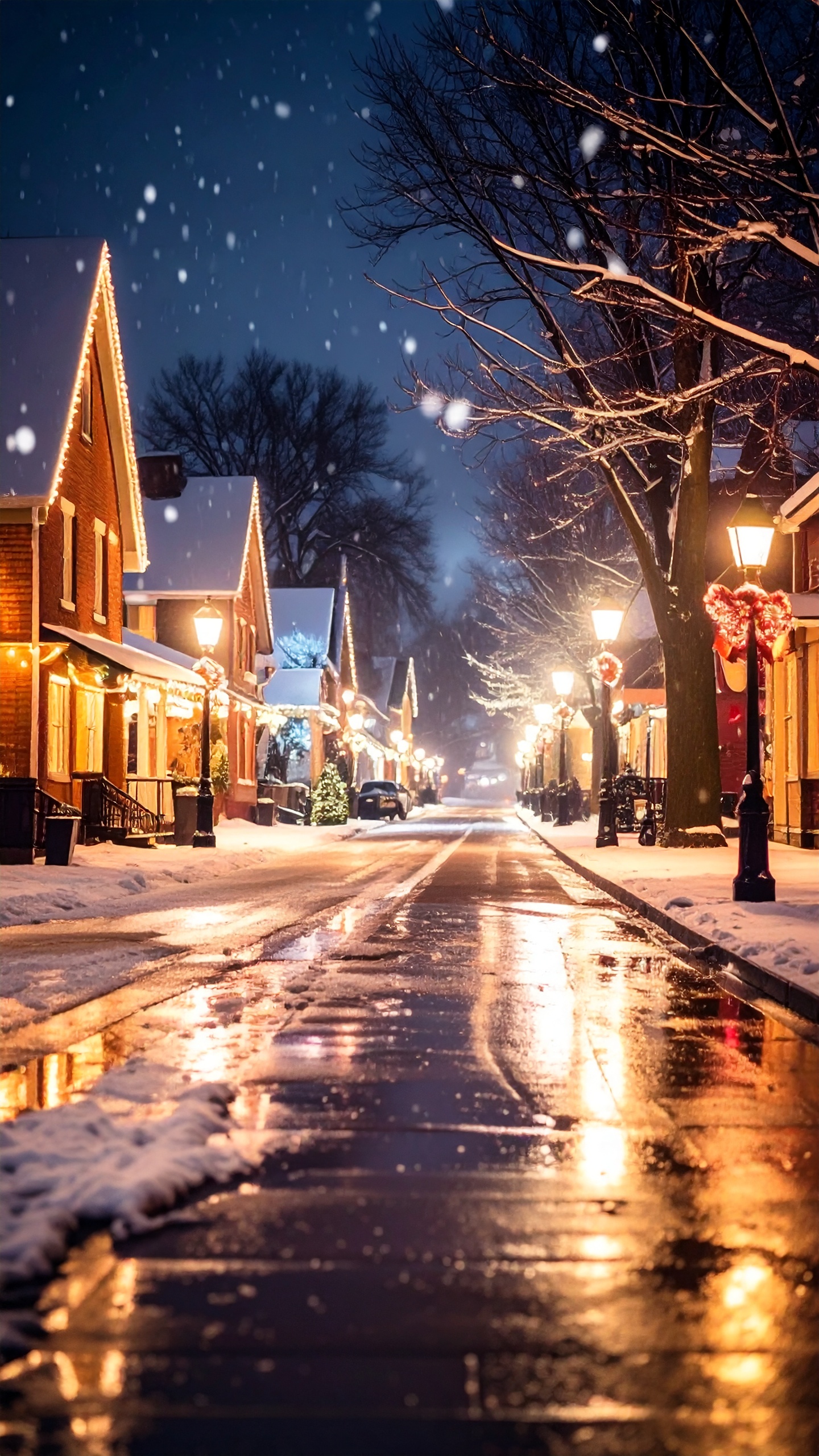 Rua coberta de neve à noite, com casas iluminadas por luzes natalinas. A iluminação cria um reflexo dourado no pavimento úmido, enquanto flocos de neve caem suavemente. A cena transmite uma atmosfera tranquila e festiva, com árvores desfolhadas ao longo da calçada. A perspectiva linear da rua convida o olhar a seguir em direção ao horizonte, criando uma sensação de profundidade e serenidade.