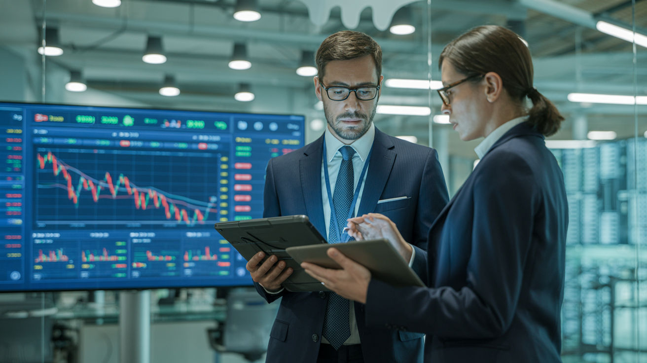 Business Professionals in Modern Office Consulting on Tablets