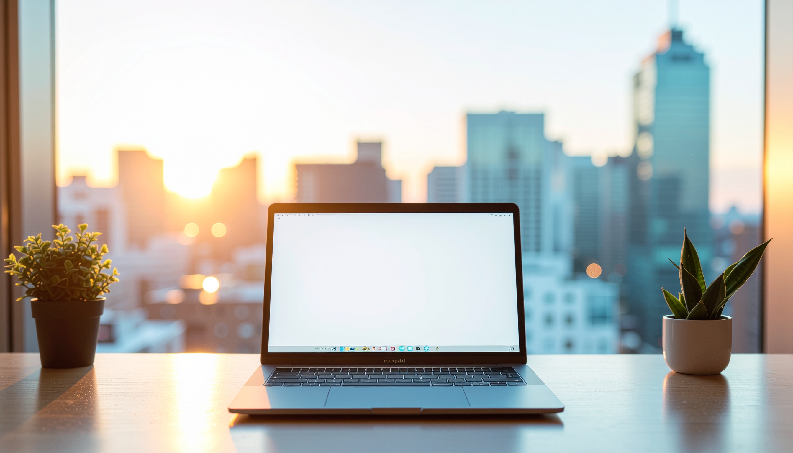 Modern Laptop on Wooden Table with Urban Sunset View