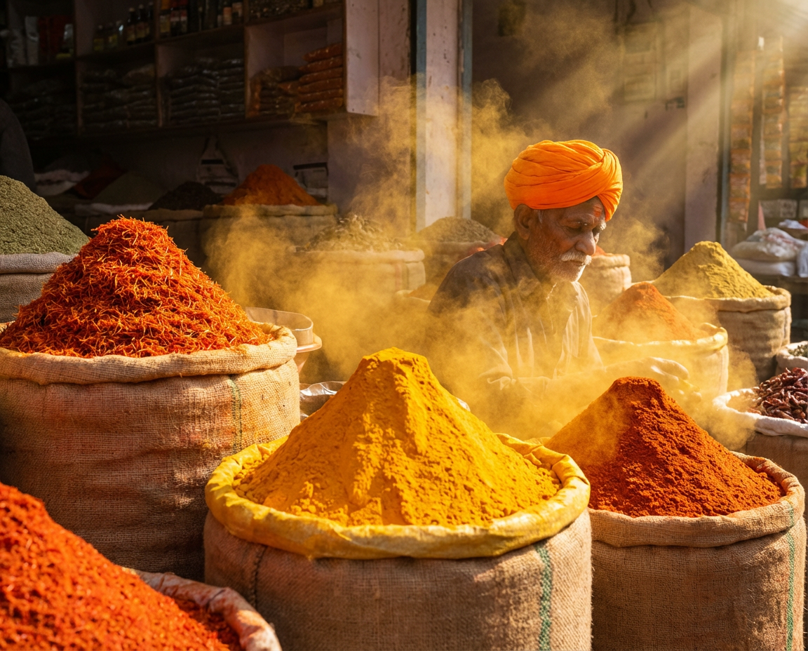 A vibrant spice market stall showcases colorful piles of spices under dramatic sunlight