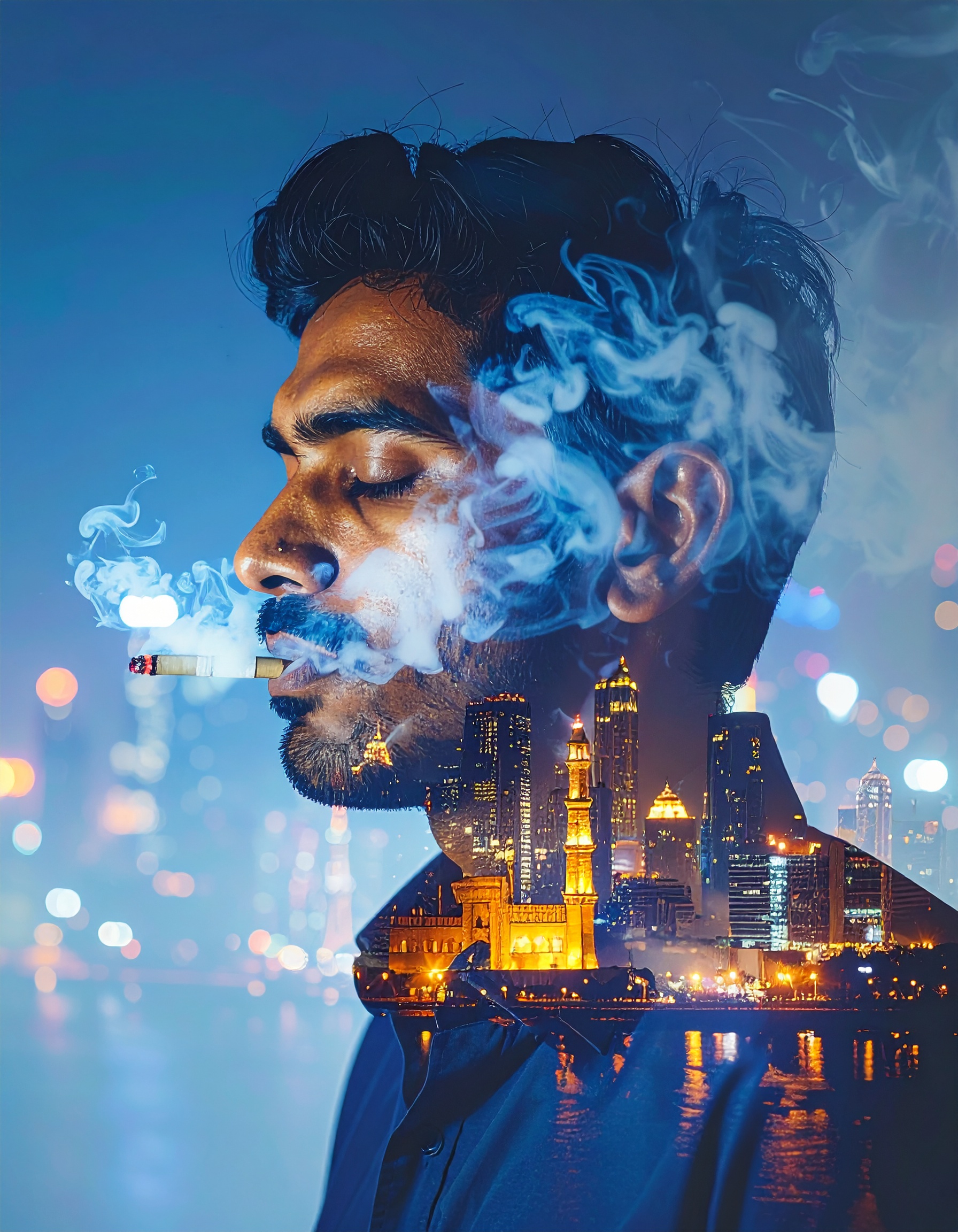 A dramatic double exposure combines a man smoking with a cityscape