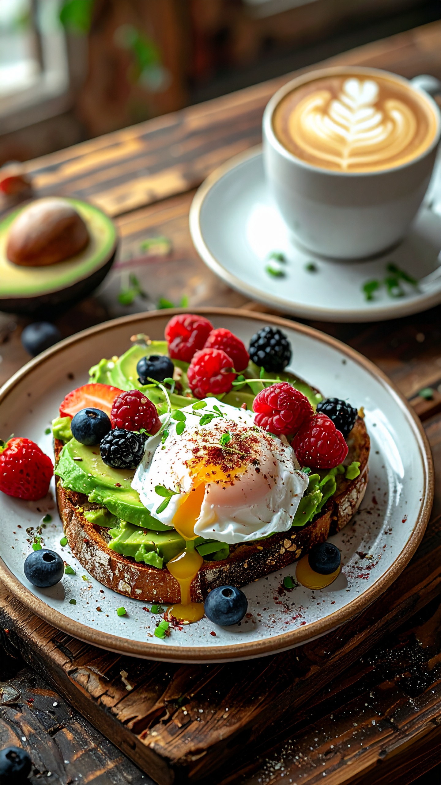 A vibrant plate of avocado toast with a poached egg and fresh berries sits on a rustic wooden table