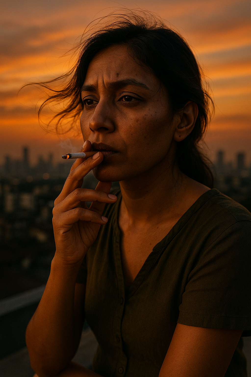 A contemplative woman smokes a cigarette against a vibrant sunset backdrop