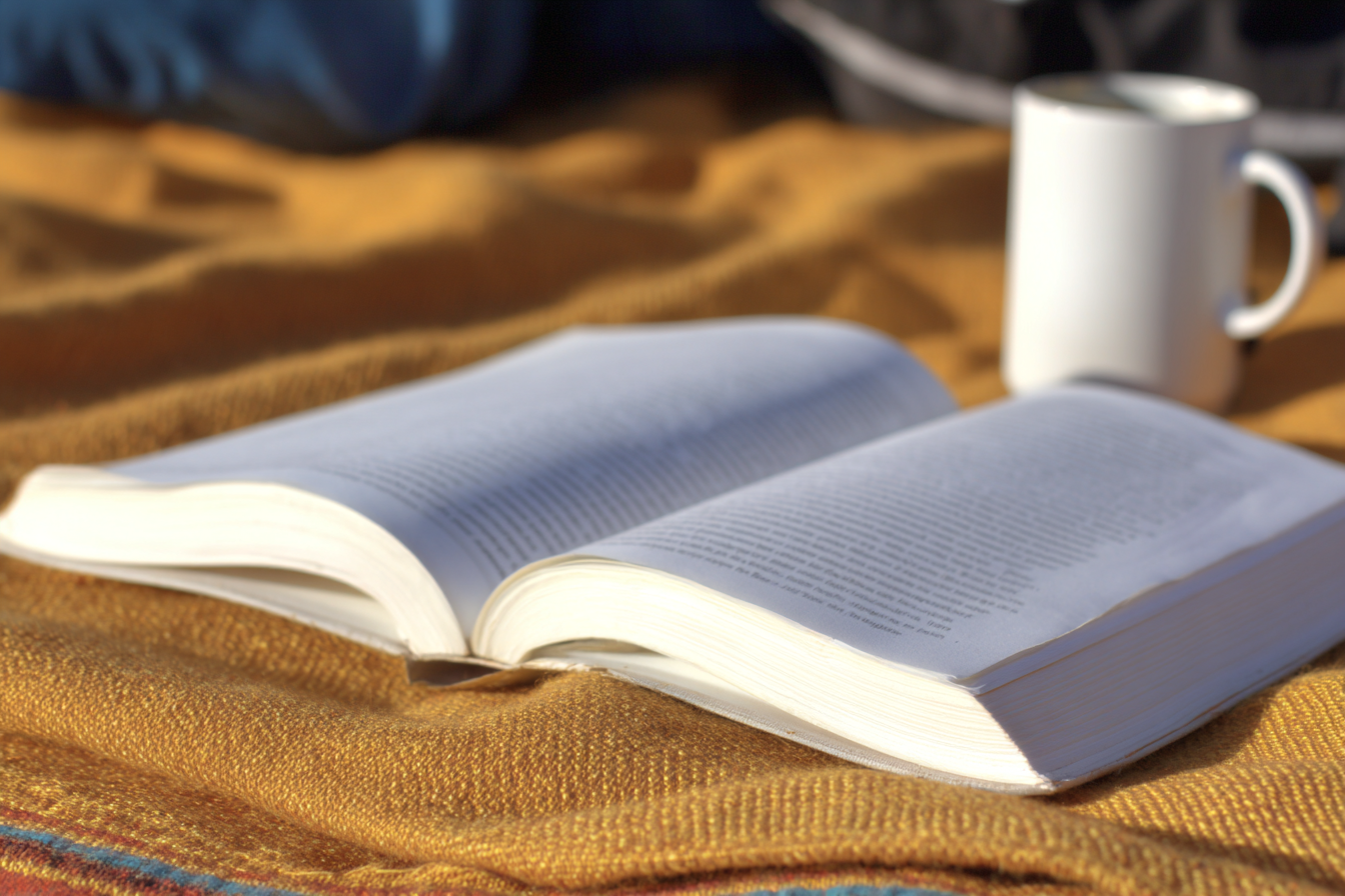 Um livro aberto repousa sobre uma manta amarela em um ambiente externo. Ao fundo, uma caneca branca adiciona um elemento de tranquilidade e lazer. A iluminação natural destaca a textura da manta e as páginas do livro, sugerindo uma atmosfera relaxante de leitura ao ar livre. A composição é focada e em primeiro plano, com um desfoque suave no fundo, criando profundidade e um cenário acolhedor e sereno.