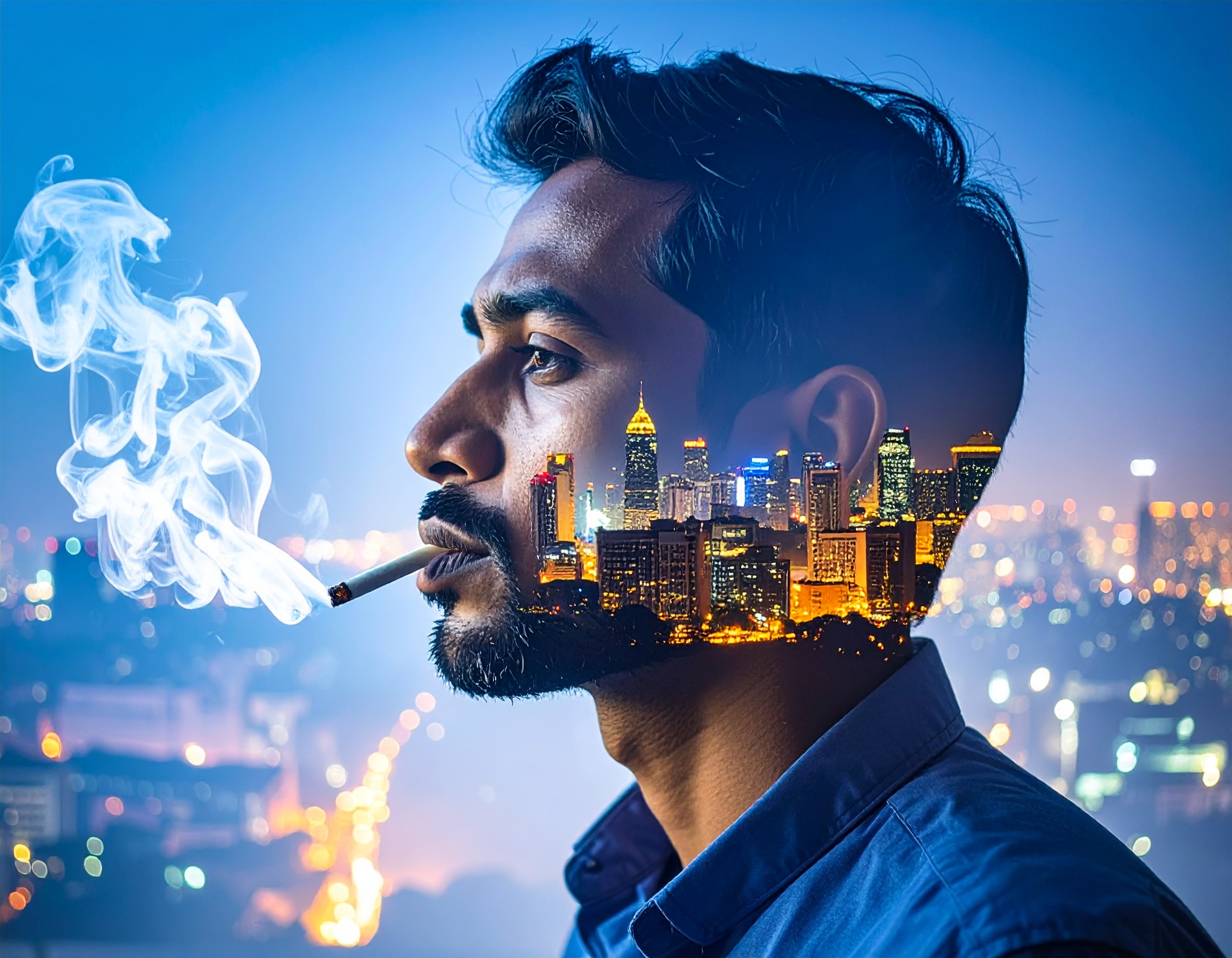 A man's silhouette blends with a cityscape, creating a striking double exposure effect