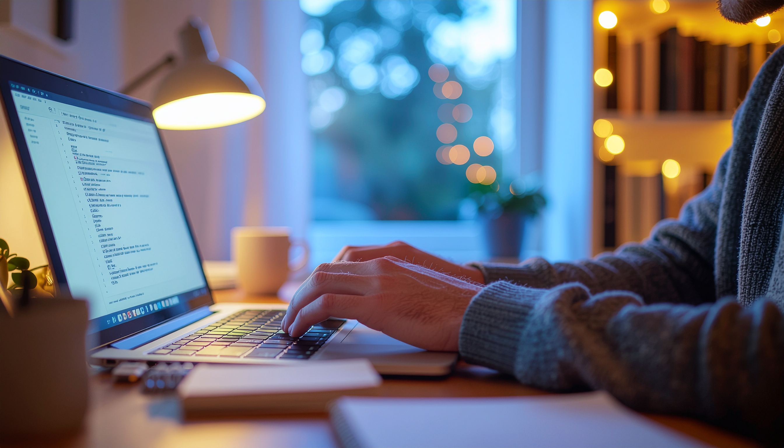 Cena de um ambiente de trabalho acolhedor, mostrando mãos digitando em um laptop iluminado por uma luminária de mesa. A iluminação suave e bokeh ao fundo criam uma atmosfera confortável, com livros em uma estante e uma janela ao fundo revelando o entardecer. A composição destaca detalhes contemporâneos e minimalistas, com foco suave e ângulo lateral.