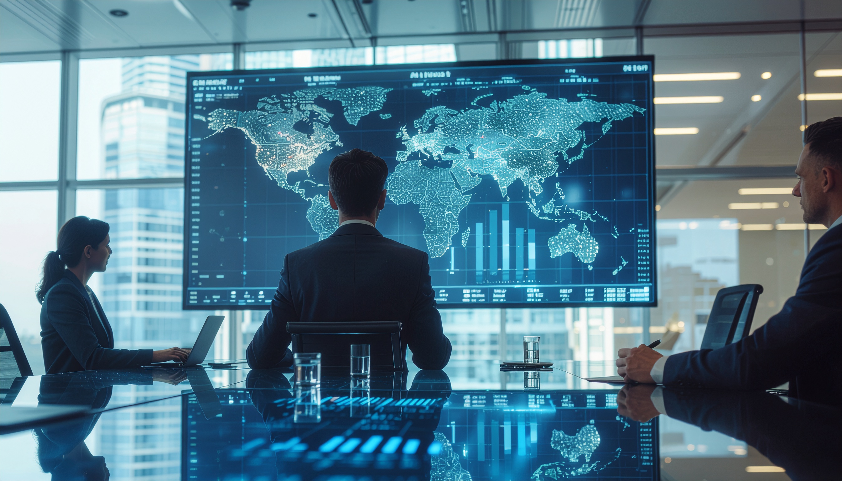 Modern Meeting Room with People Analyzing Digital Map
