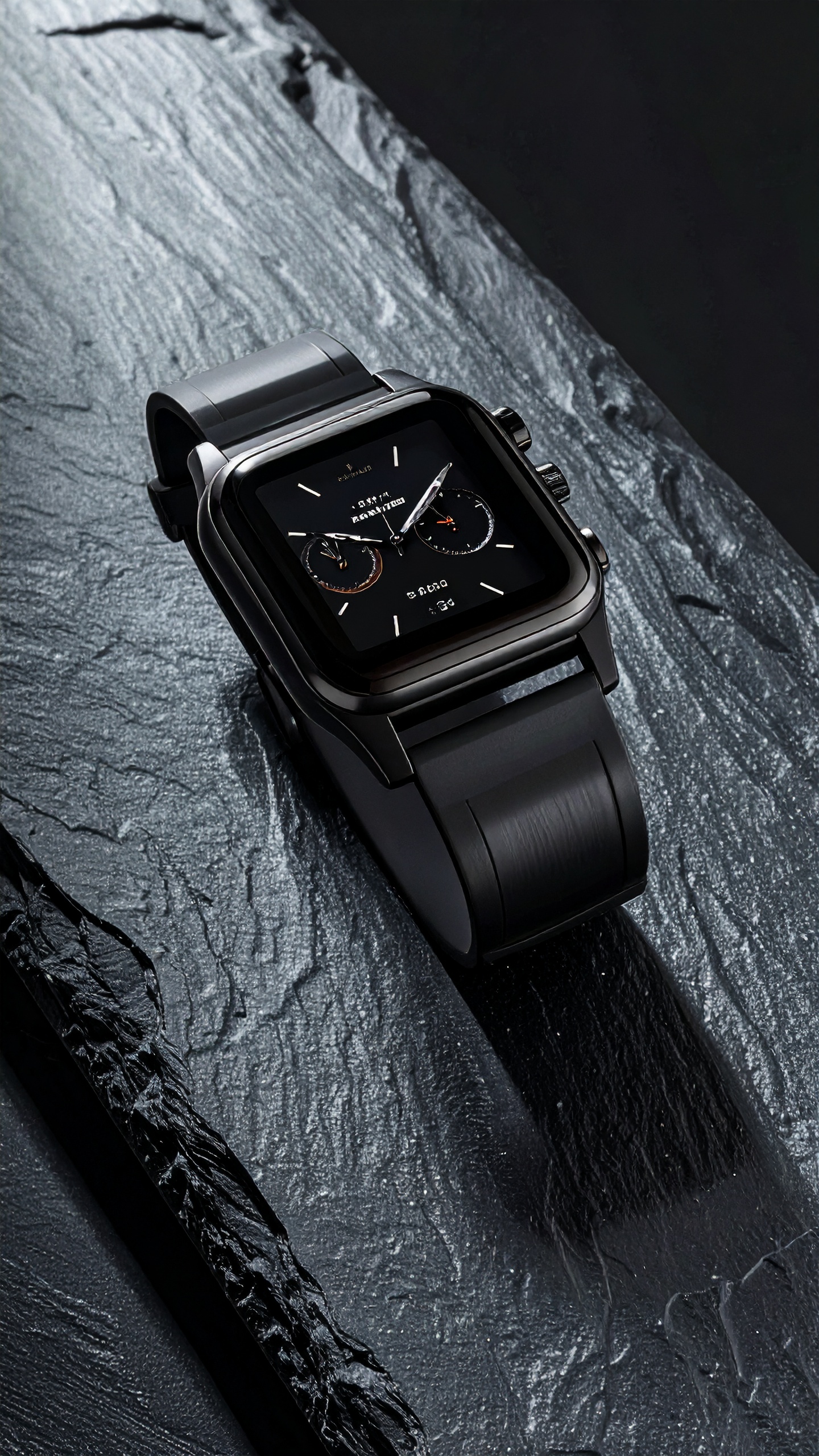 Sleek black smartwatch with a sophisticated design on a textured surface