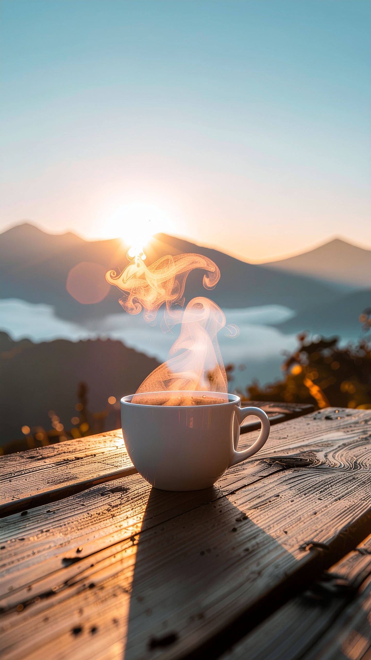 Steaming Coffee Cup on Wooden Table with Mountain Sunrise