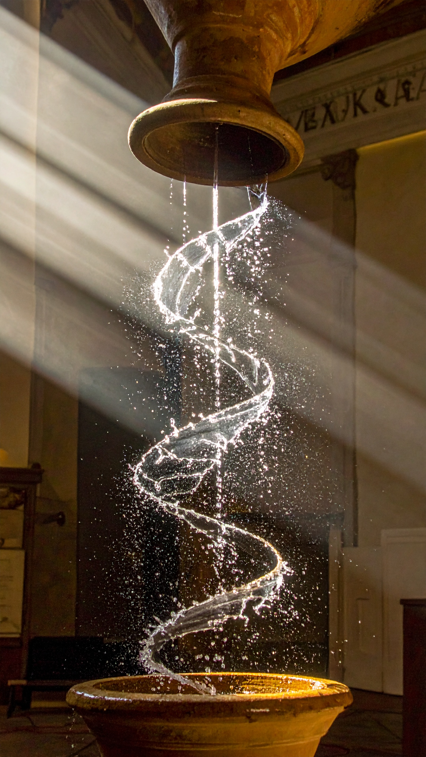 A mesmerizing spiral of water descends from a rustic fountain, captured in warm sunlight