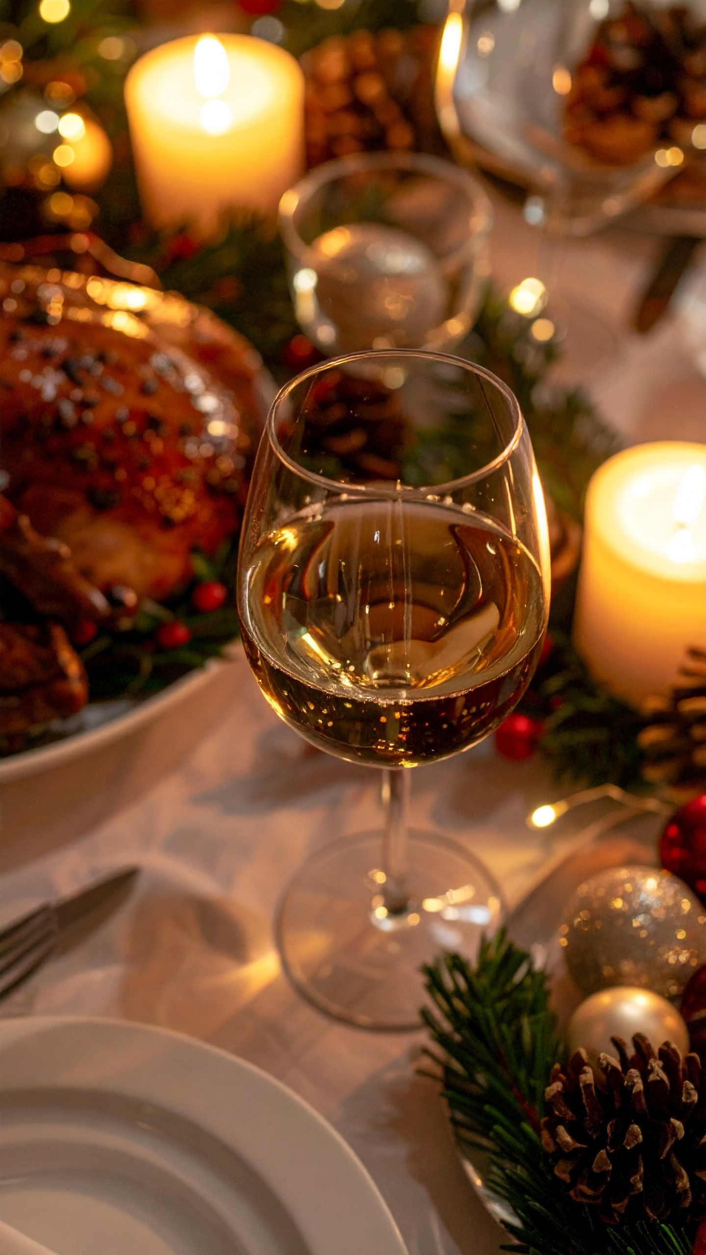 Festive Candlelit Scene with Golden Wine Glass