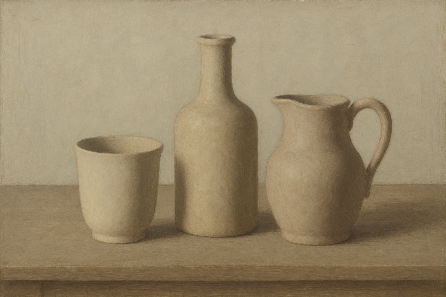A minimalistic still life displays a cup, bottle, and jug on a wooden surface