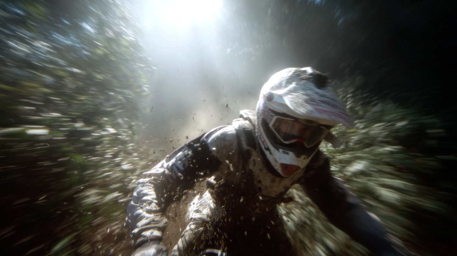 Motociclista em alta velocidade atravessando trilha em uma floresta, com poeira e sujeira levantadas, usando equipamento de proteção, incluindo capacete e óculos. A luz do sol penetra através das árvores, criando um efeito dramático na cena.