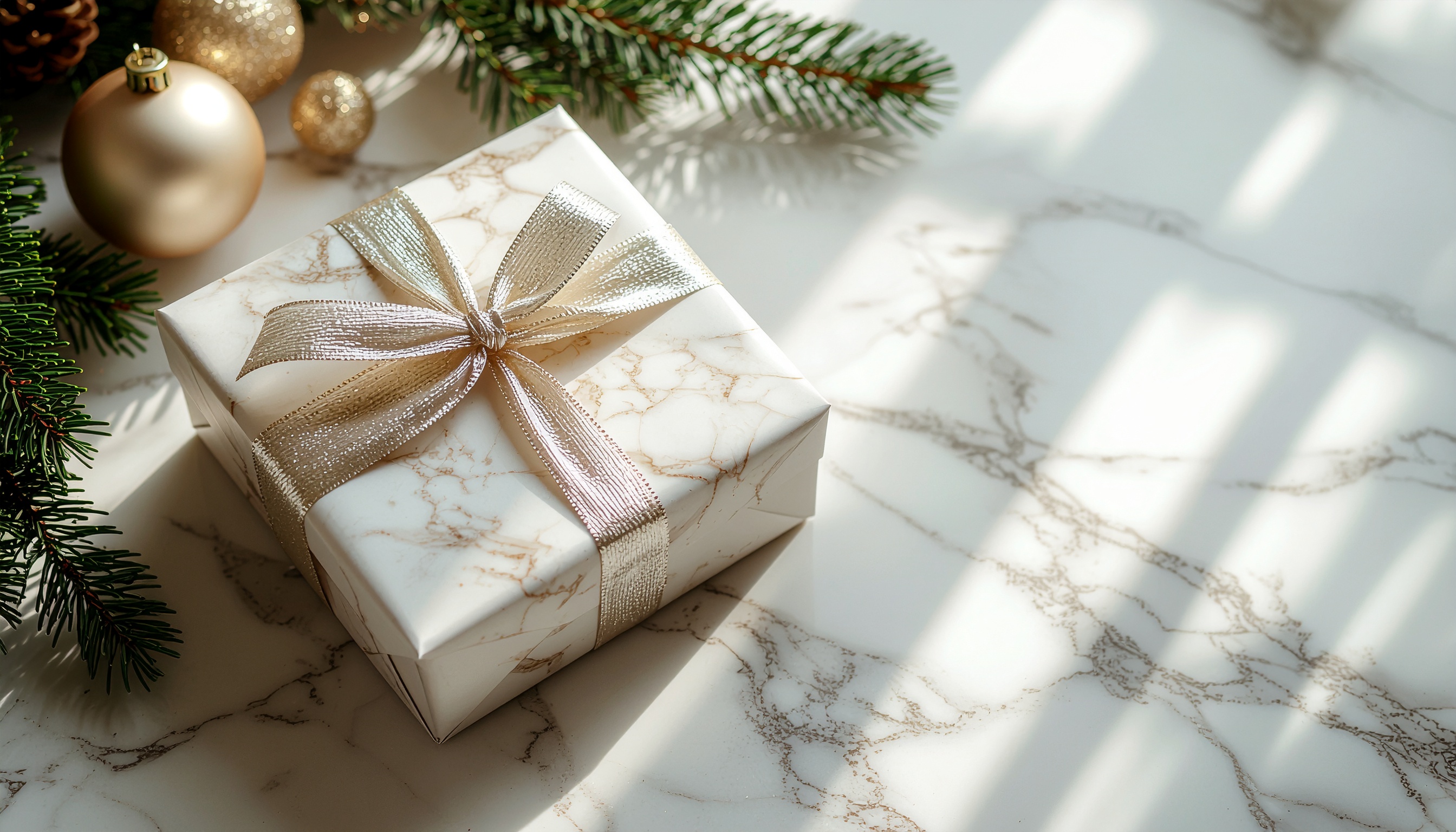 Elegant Christmas Gift Wrapped in Marble Paper