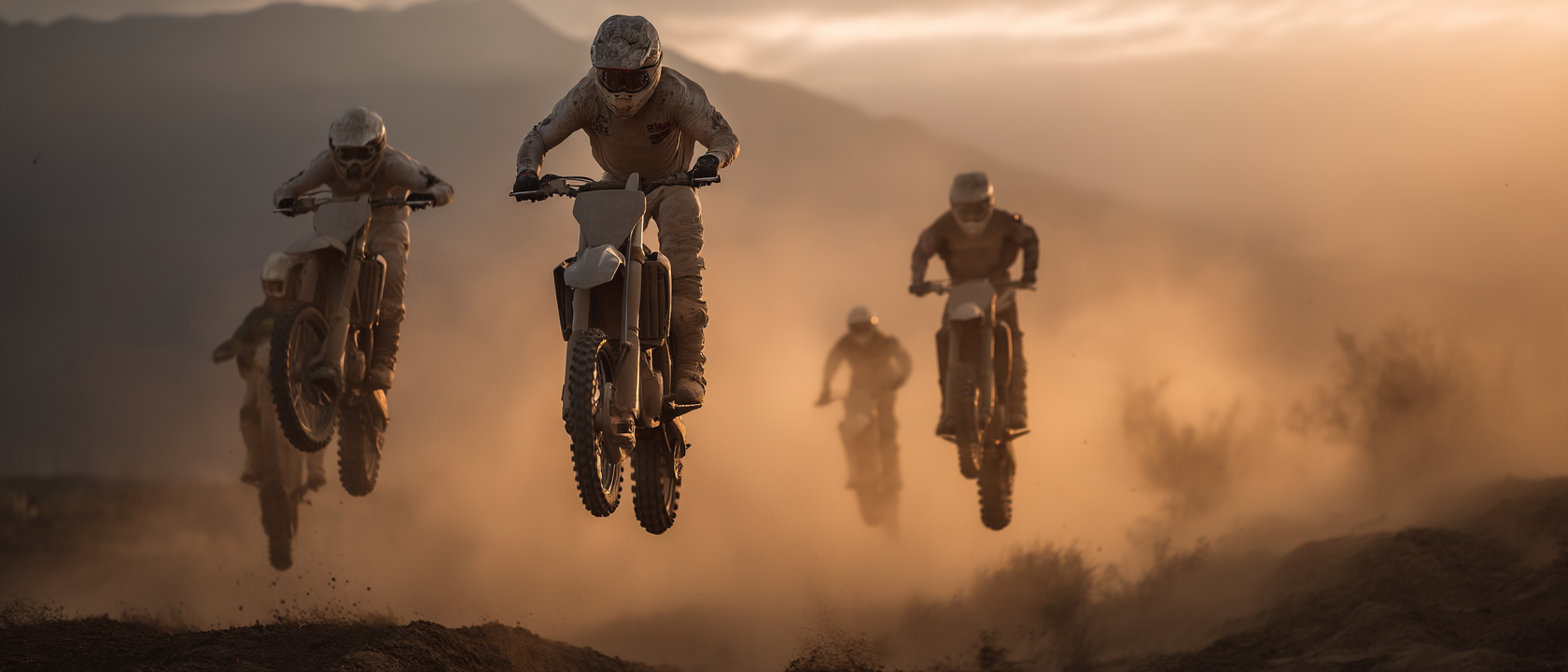 A imagem retrata uma cena dinâmica de motocross, onde vários motociclistas estão saltando em um ambiente dusty ao pôr do sol. As cores quentes do céu, como laranja e amarelo, contrastam com a poeira levantada e o fundo montanhoso. Os motociclistas estão vestidos com roupas claras, criando um contraste com o ambiente empoeirado.