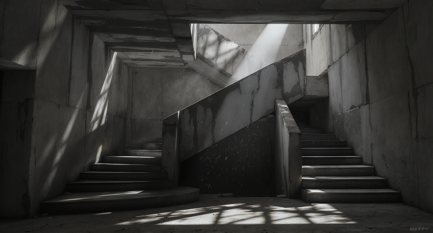 Concrete staircase bathed in soft natural light creates a dramatic architectural setting