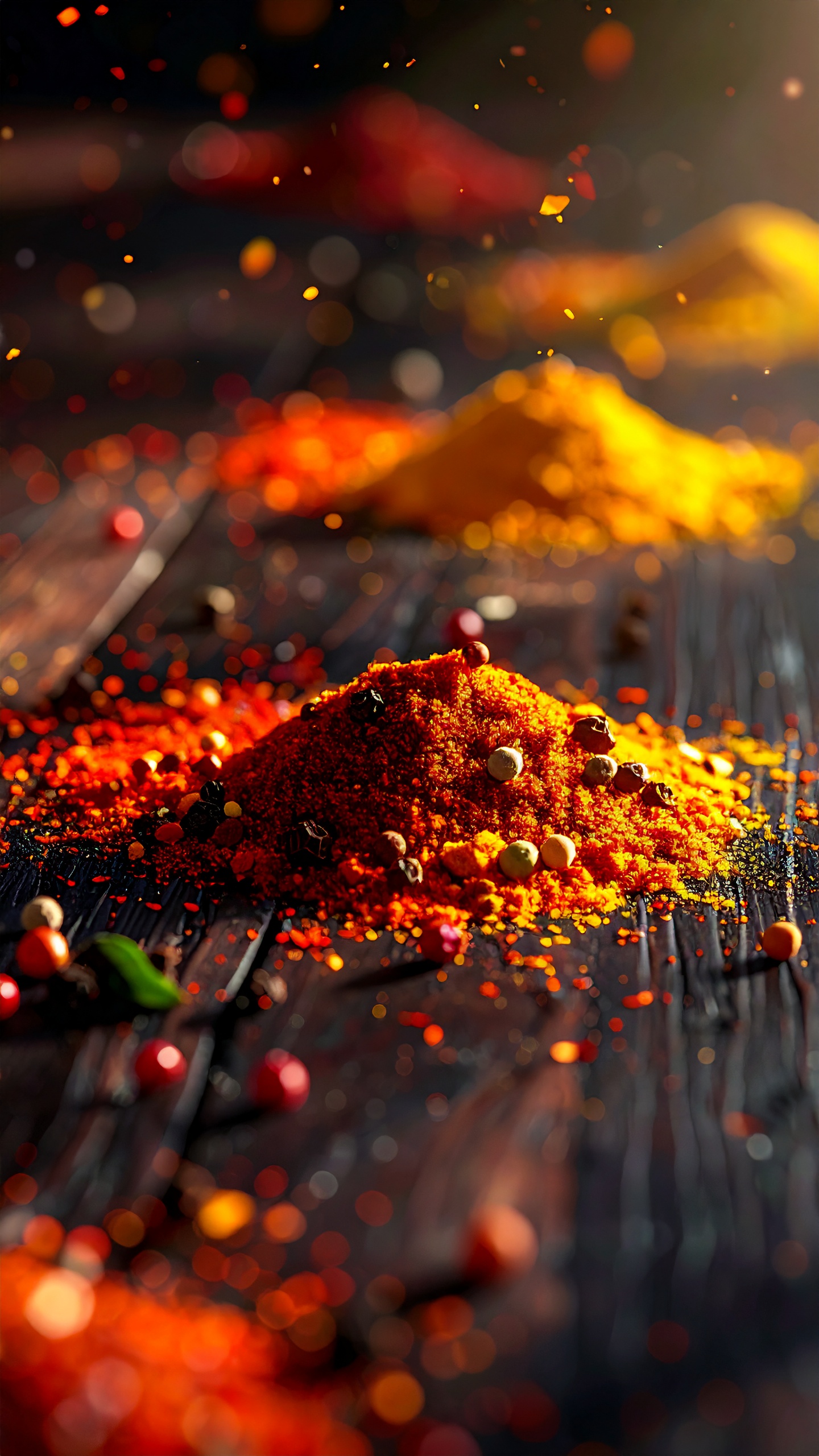 Colorful Spices on Dark Wood Surface