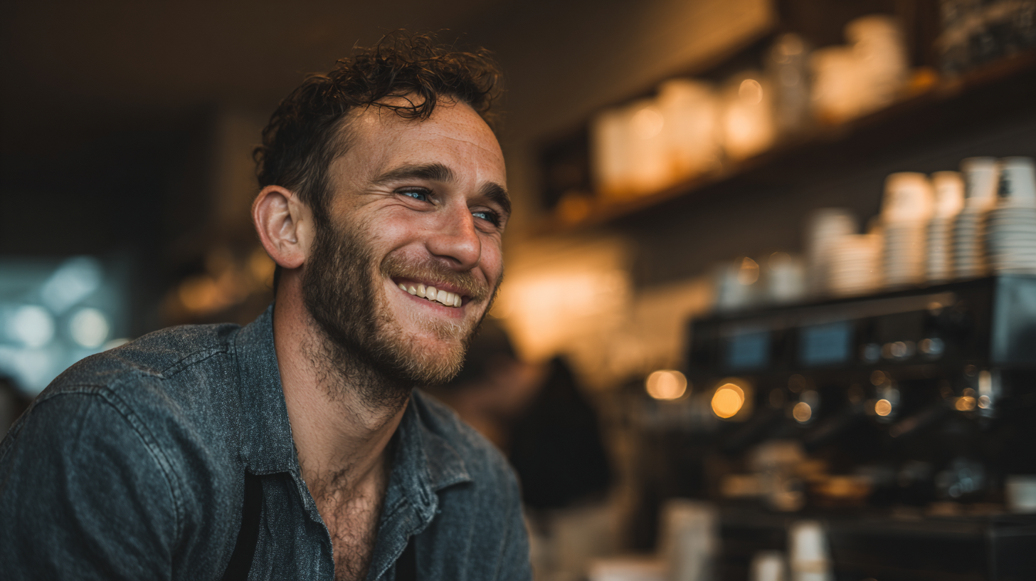 Homem sorridente em cafeteria com iluminação suave, realçando um ambiente acolhedor e descontraído. Fundo desfocado destaca máquina de café e copos empilhados, criando uma composição intimista. Foco no rosto do homem, transmitindo alegria e leveza.