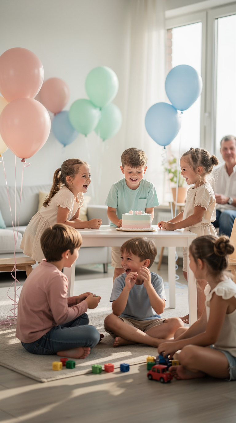 Children's birthday party with pastel balloons and a small cake