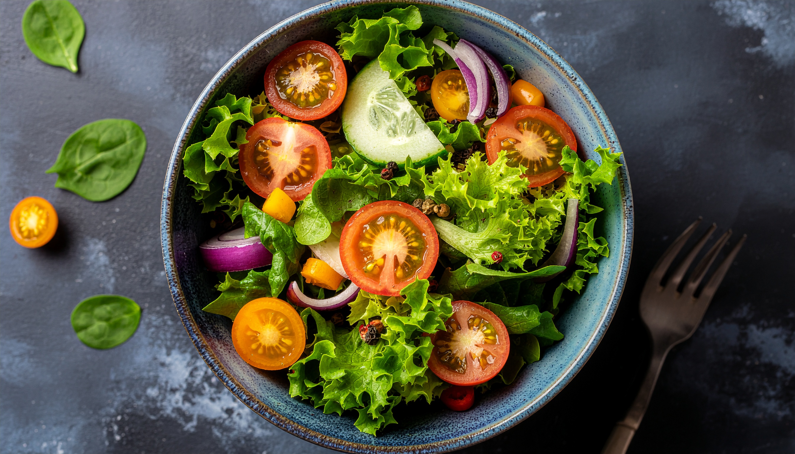 Uma salada fresca e colorida em uma tigela azul sobre uma superfície de pedra escura. Ingredientes vibrantes, como tomates cereja, pepino, cebola roxa e alface, são iluminados por luz suave, destacando suas texturas e frescor em uma composição elegante e saudável.