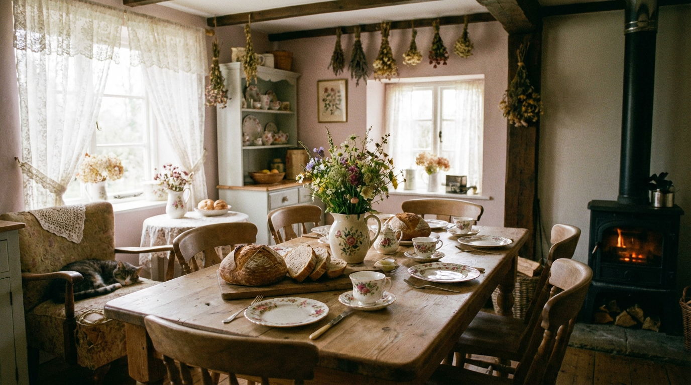 A cozy country kitchen with rustic charm features a wooden dining table set with floral china
