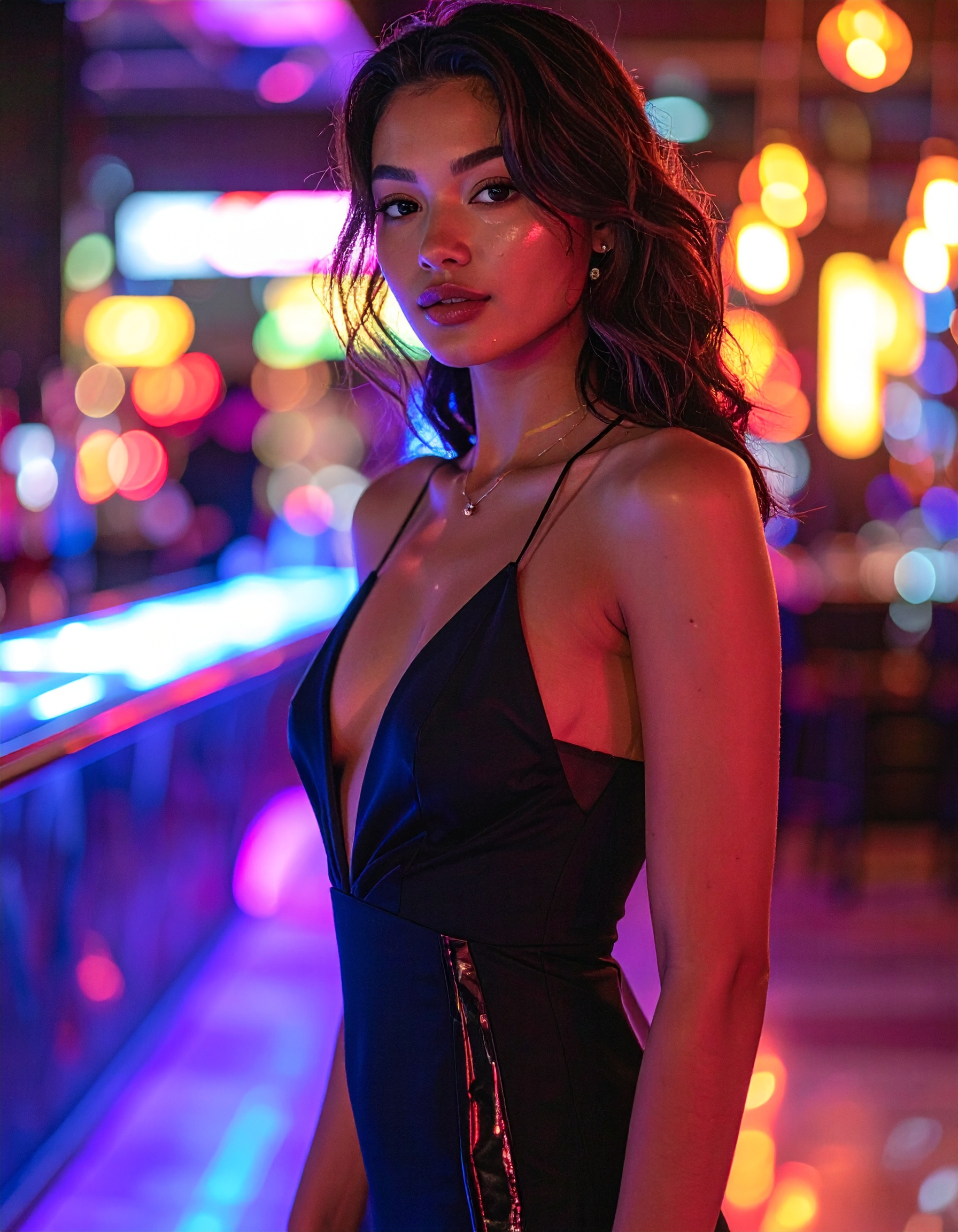 A woman in a sleek black dress stands in a vibrant, neon-lit environment