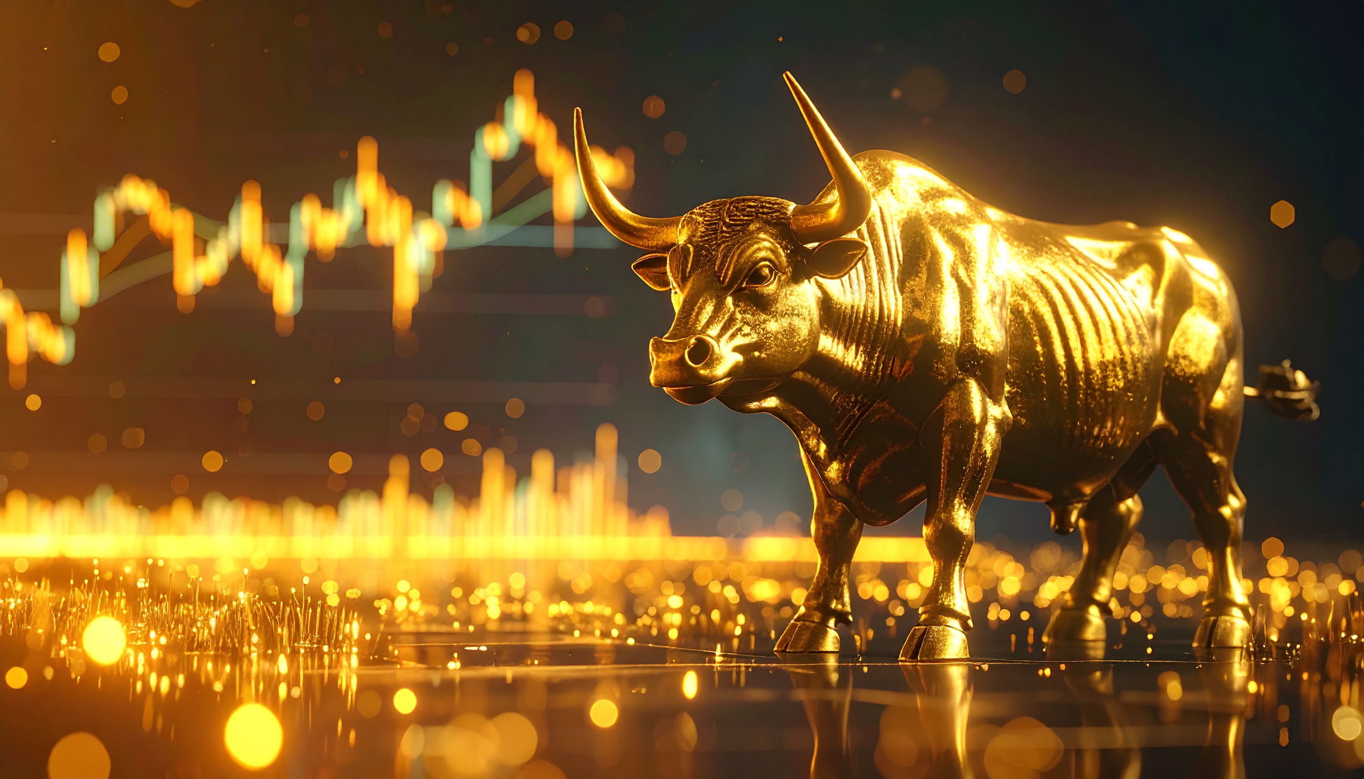 Golden Bull Sculpture on Reflective Surface