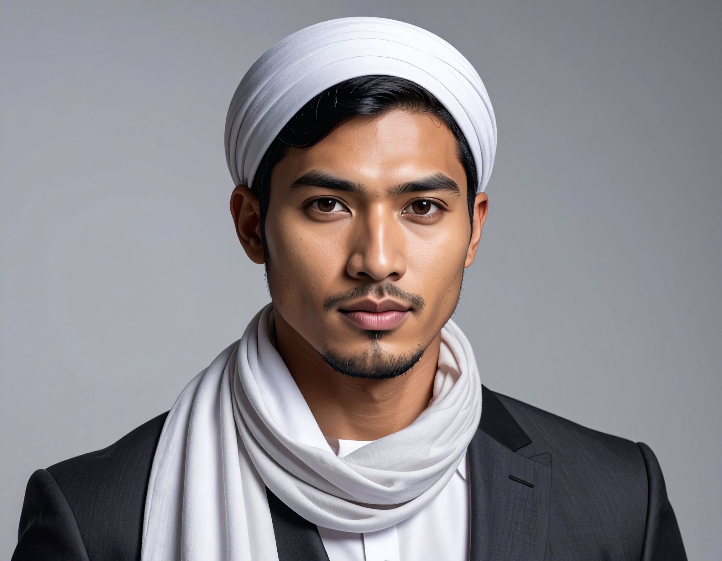 A man with a confident expression wears a stylish white turban and scarf