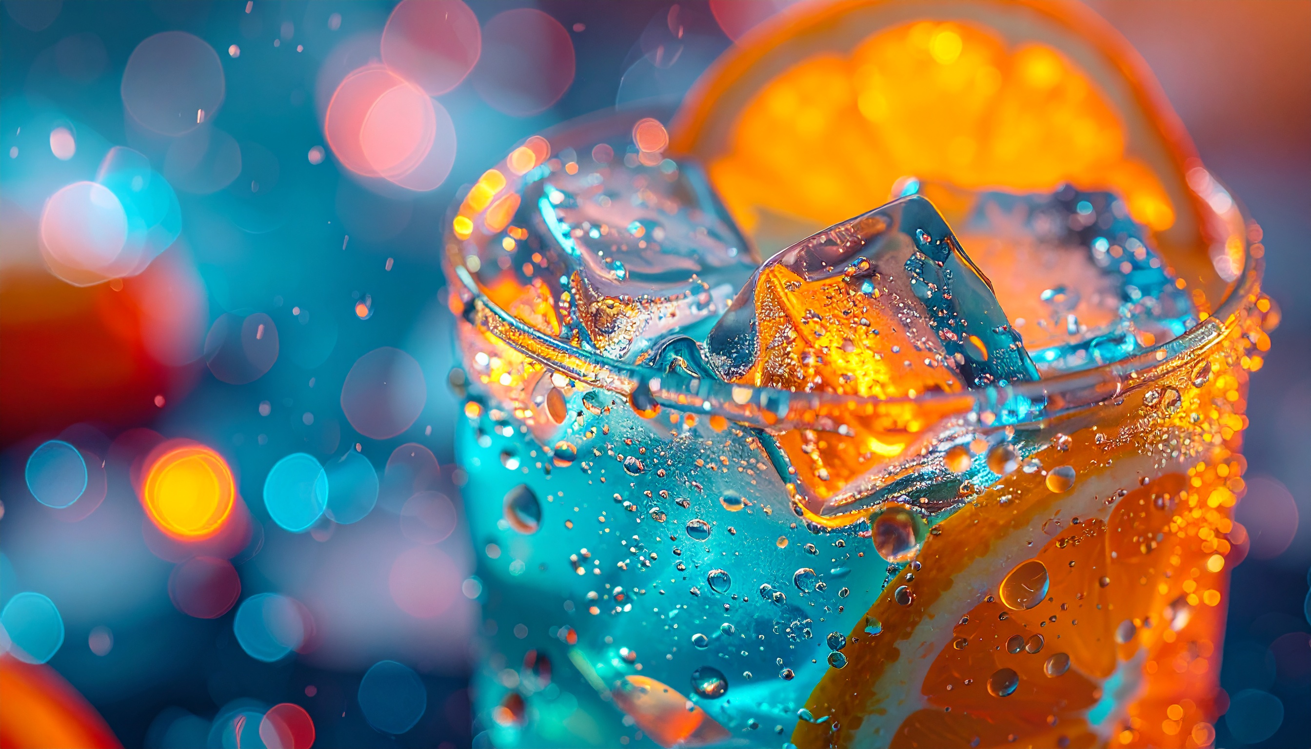 Imagem vibrante de um copo com gelo e fatia de laranja, em fundo bokeh colorido. A iluminação destaca gotículas de água, criando uma atmosfera refrescante e festiva.