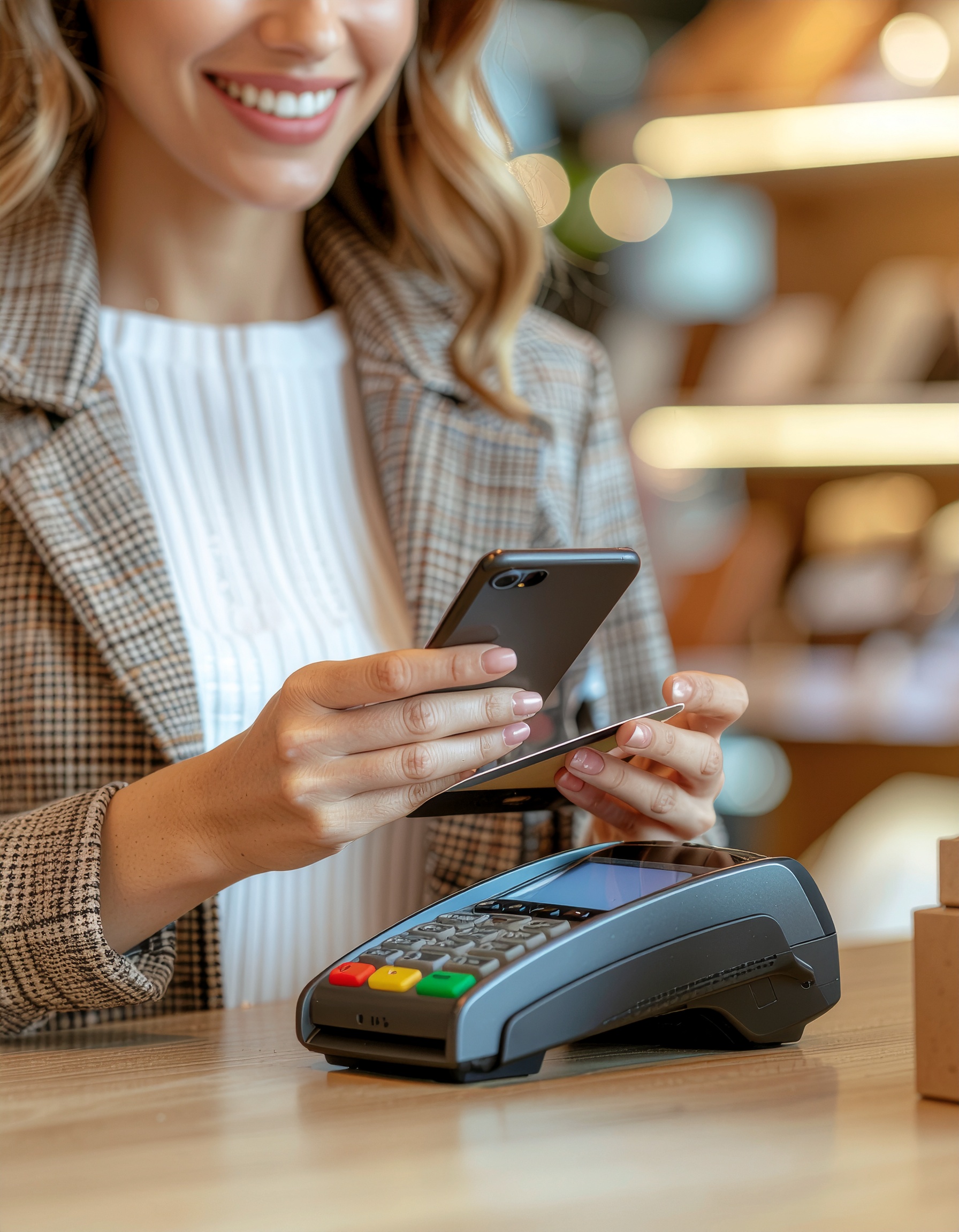 Smiling Woman Making Payment with Smartphone at Checkout