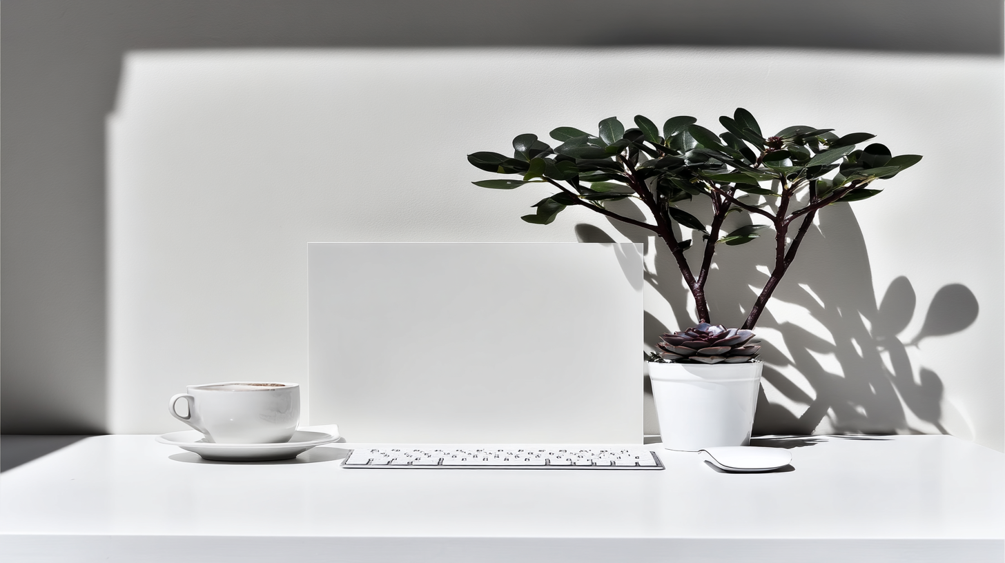 Cena minimalista de um espaço de trabalho com uma xícara de café em porcelana branca, um teclado, um mouse, um quadro branco e uma planta suculenta em vaso sobre uma mesa clara. A iluminação natural cria sombras suaves e um ambiente sereno e elegante, enquanto o fundo neutro destaca a composição organizada e harmoniosa.