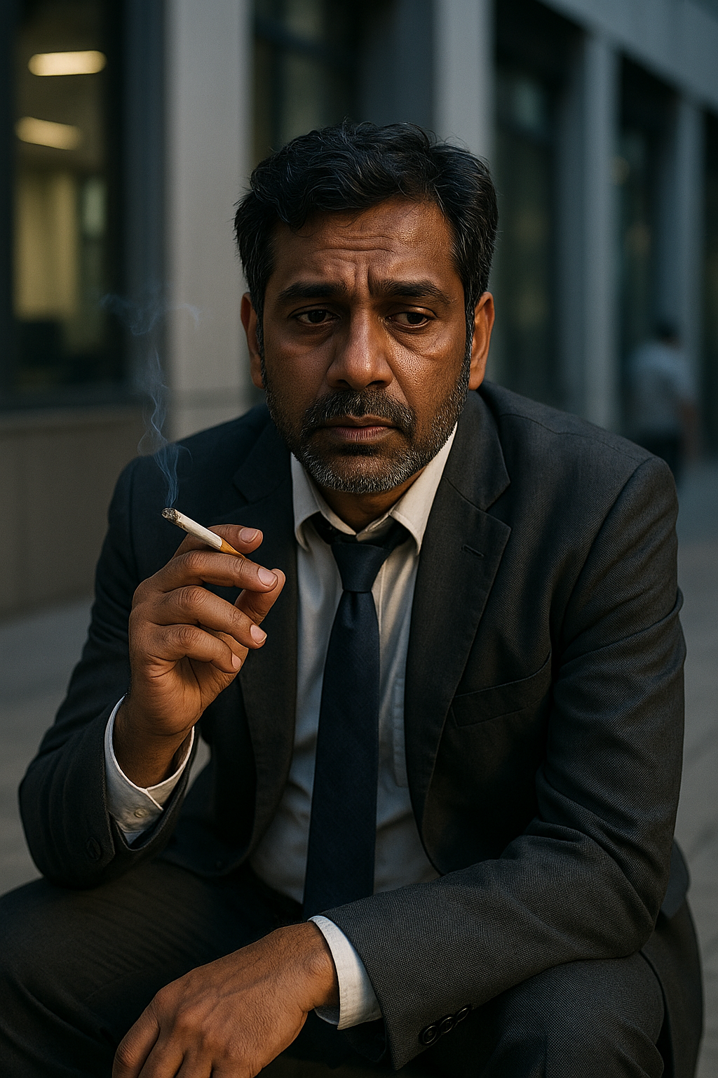 A man in a suit holds a cigarette, sitting against an urban building backdrop
