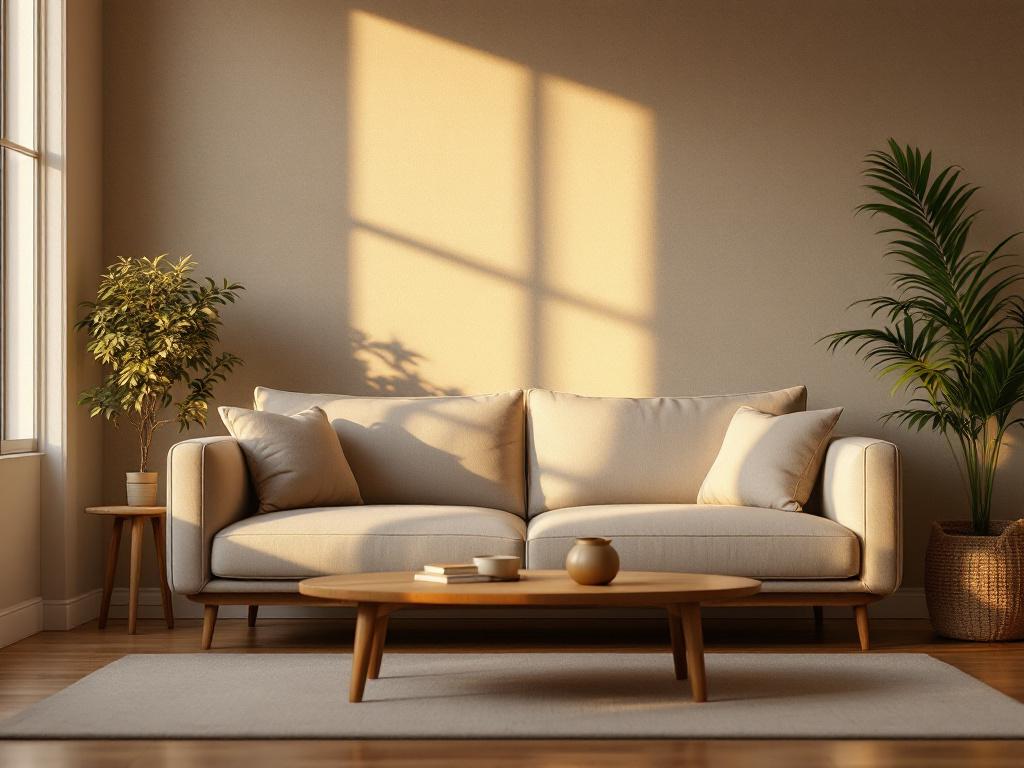 Sala de estar iluminada pelo sol com sofá bege moderno, mesa de centro de madeira e plantas decorativas. A luz suave cria sombras geométricas na parede, conferindo um toque acolhedor e sofisticado. O ambiente é minimalista, com foco em tons neutros e textura suave, proporcionando uma sensação de tranquilidade e conforto.