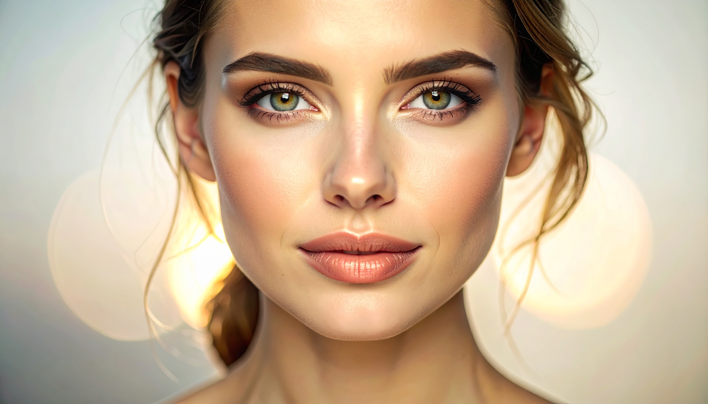 Retrato em close de uma mulher com maquiagem suave, destacando olhos verdes e pele iluminada. A luz de fundo cria um efeito bokeh suave, acentuando a composição simétrica e a expressão serena.