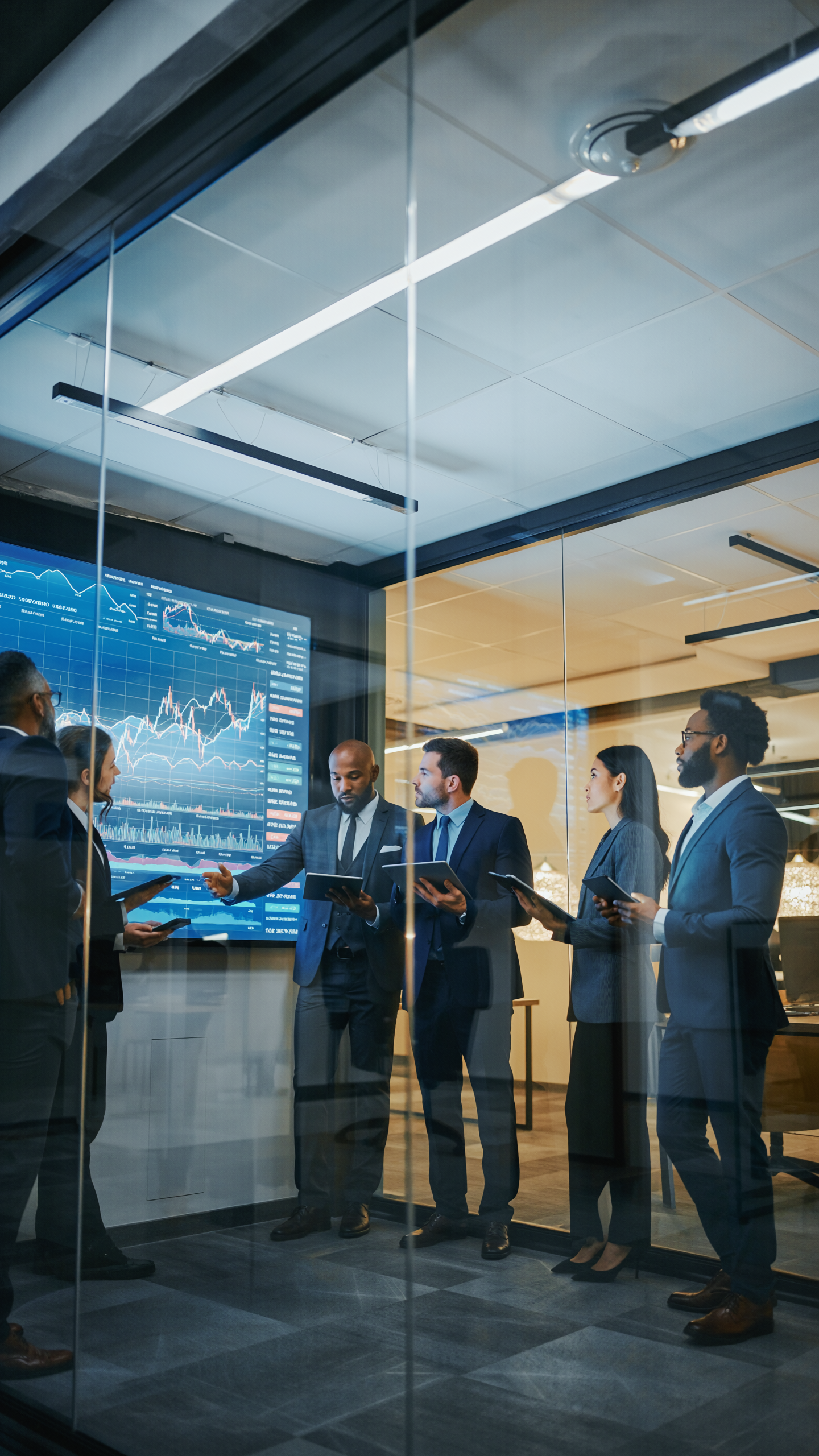 Business Professionals in Modern Conference Room Analyzing Financial Data