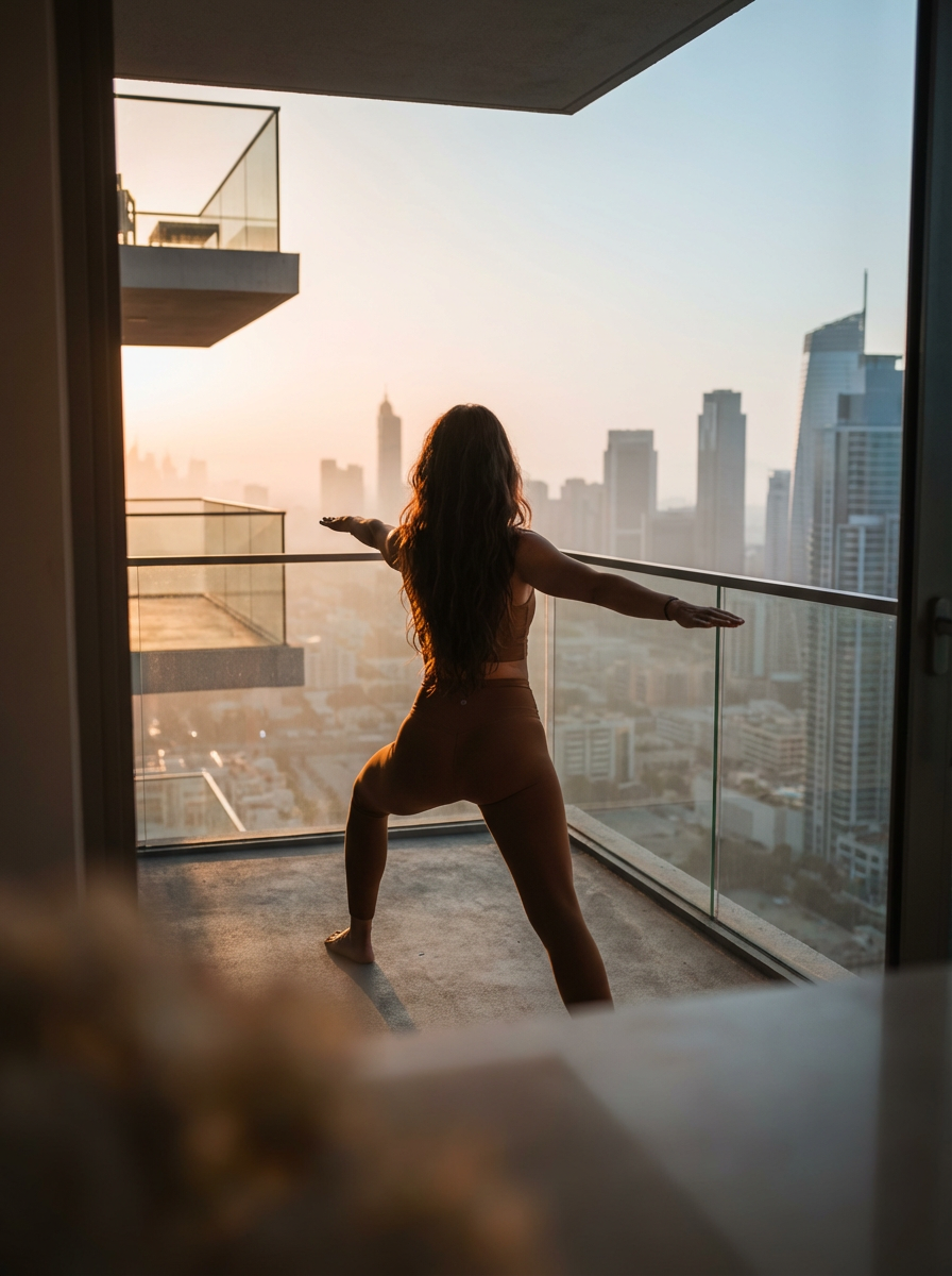 A woman performs yoga on a balcony overlooking a modern cityscape at sunset
