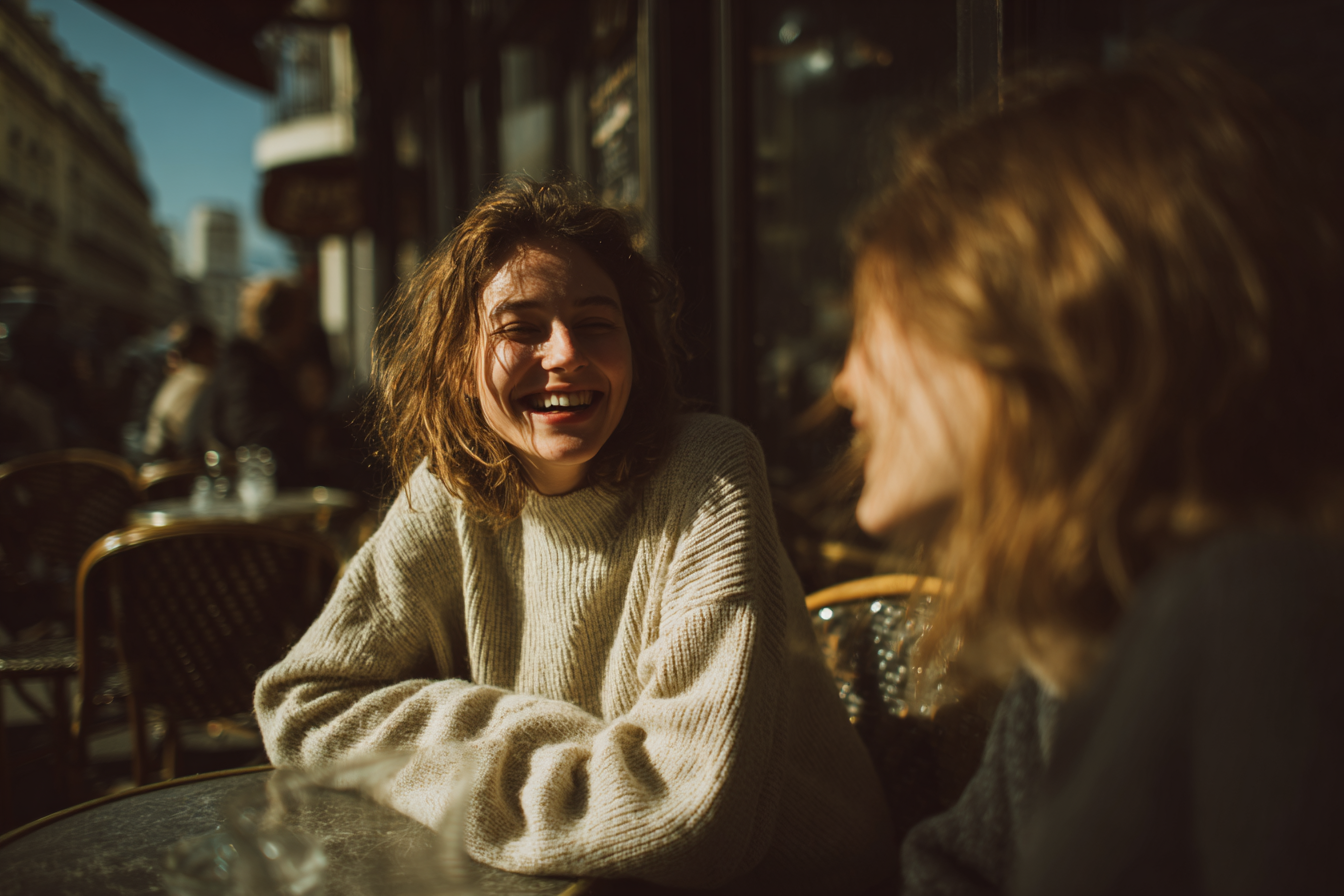Duas mulheres sorridentes em um café ao ar livre, desfrutando de uma tarde ensolarada. Elas estão usando suéteres aconchegantes e conversando animadamente, cercadas por mesas e cadeiras de bistrô típicas. A luz do sol destaca seus rostos alegres, criando uma atmosfera acolhedora e descontraída.