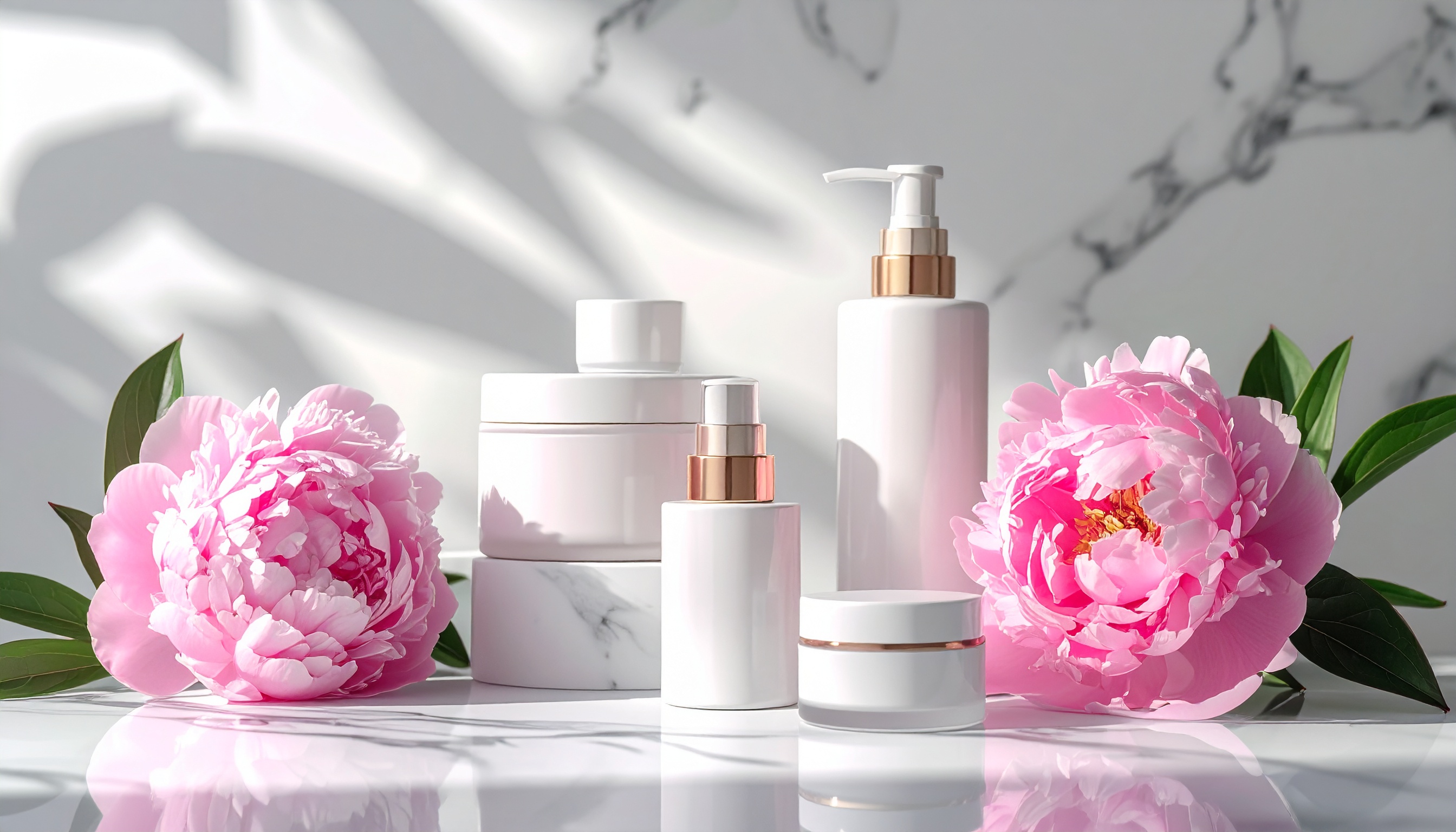 Composição elegante de produtos de beleza em frascos brancos com detalhes em dourado, cercados por flores rosas vibrantes sobre uma superfície reflexiva. A iluminação suave e natural cria sombras delicadas, enquanto o fundo marmorizado complementa a cena, adicionando um toque sofisticado e luxuoso ao arranjo minimalista.