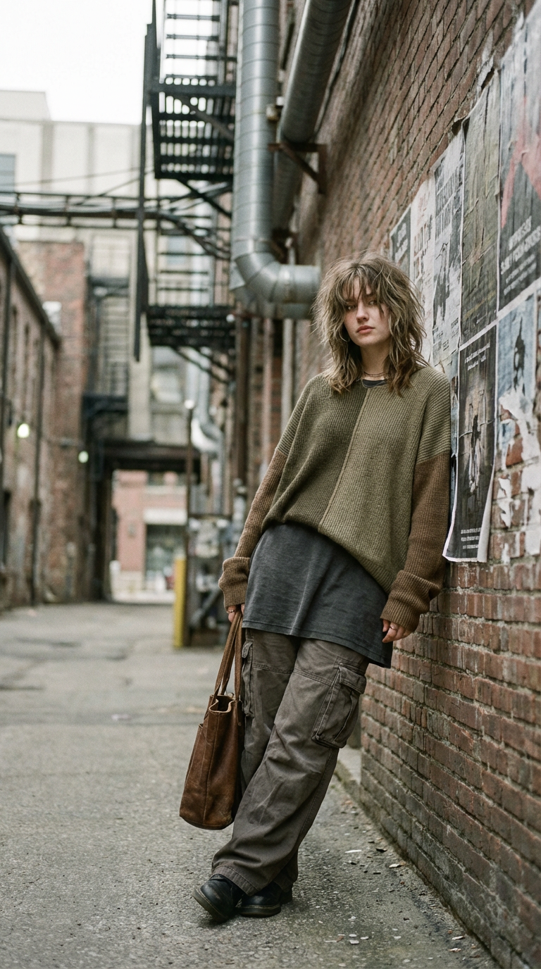 A person in a relaxed, urban setting leans against a brick wall adorned with posters