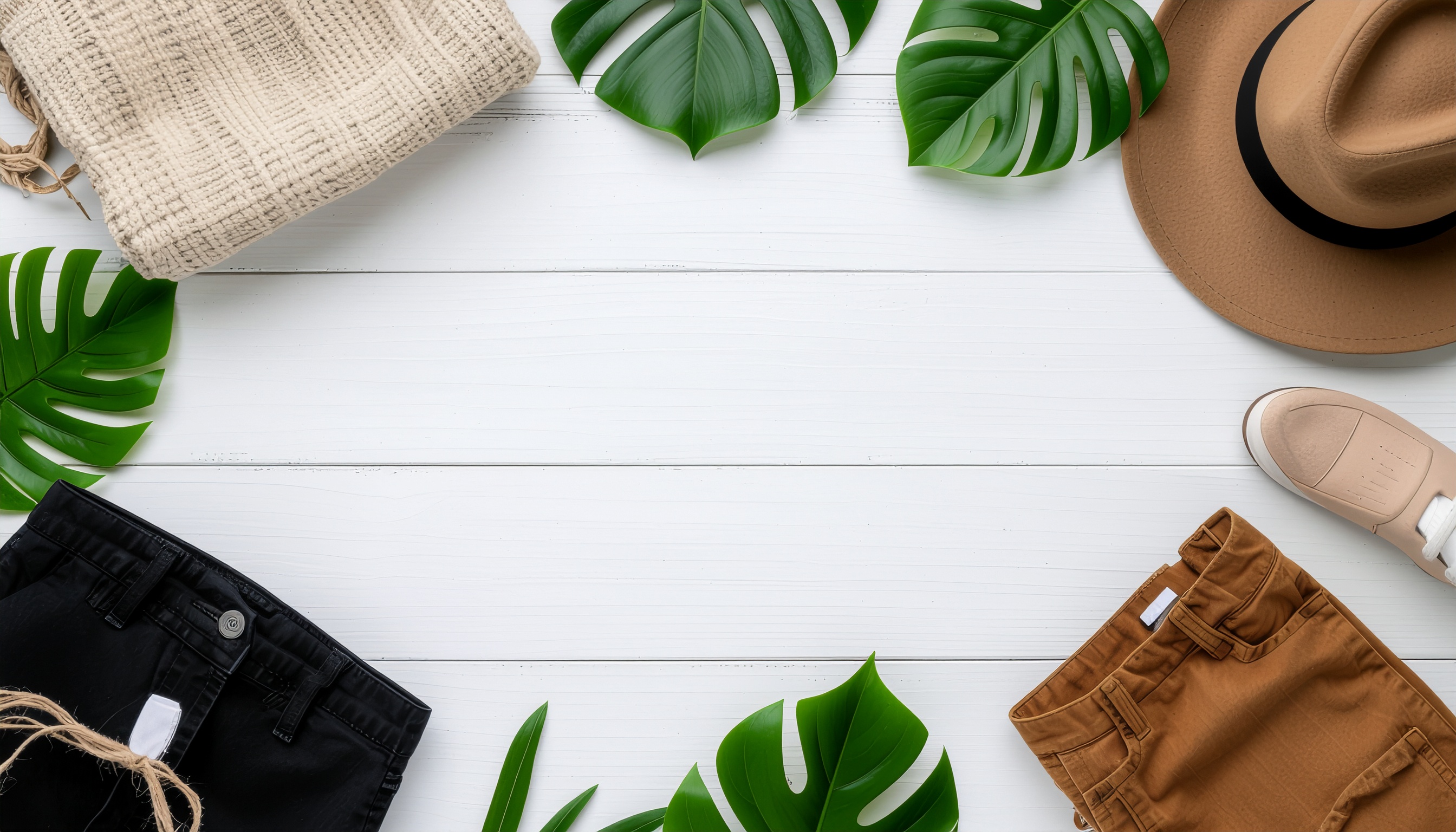 Composição minimalista de moda com elementos organizados sobre fundo de madeira branca, incluindo chapéu marrom, folhas tropicais, bolsa de tecido bege, sapato bege claro e shorts em tons terrosos e preto, criando uma atmosfera casual e veranil.