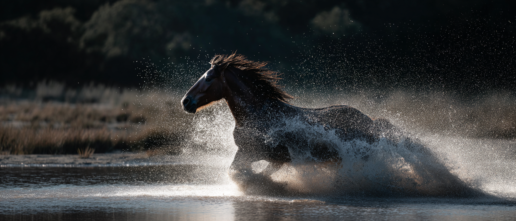 A imagem apresenta um cavalo marrom correndo em alta velocidade através de uma superfície aquática, levantando uma nuvem de água e spray. A iluminação é suave e dramática, destacando a forma musculosa do cavalo e os respingos de água, criando um efeito dinâmico e vibrante.