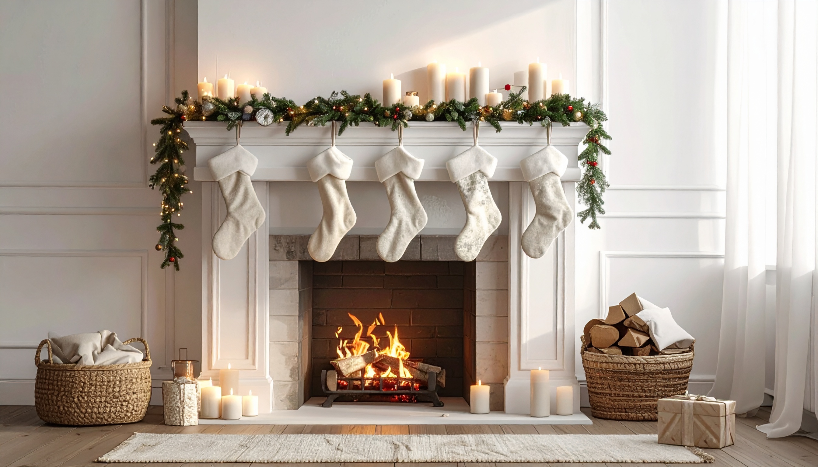 Christmas Living Room Decor with Cozy Fireplace