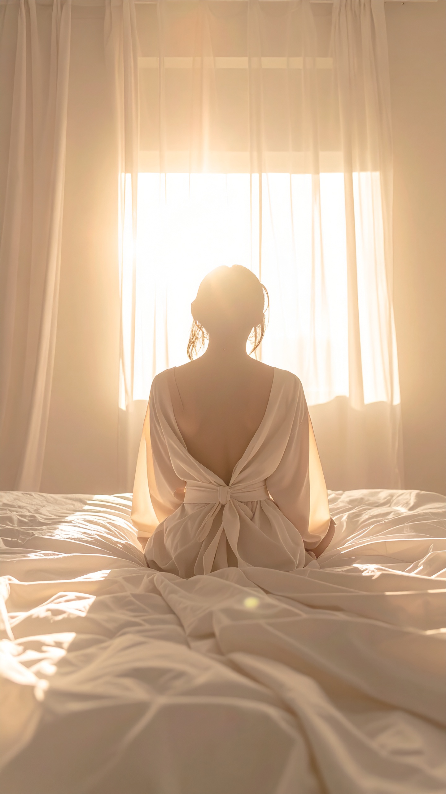 A serene scene depicts a woman in a flowing white dress sitting on a sunlit bed
