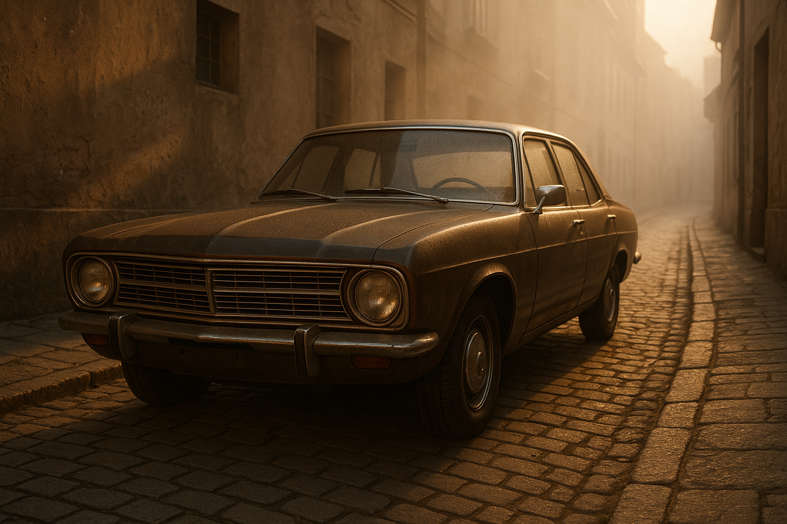 A imagem retrata um carro vintage em uma rua de paralelepípedos durante uma manhã enevoada. As luzes quentes do sol filtram-se através da névoa, criando uma atmosfera suave e nostálgica. O carro, coberto de poeira, exibe uma combinação de cores terrosas e metálicas, que se destacam contra a textura áspera das paredes e do chão.