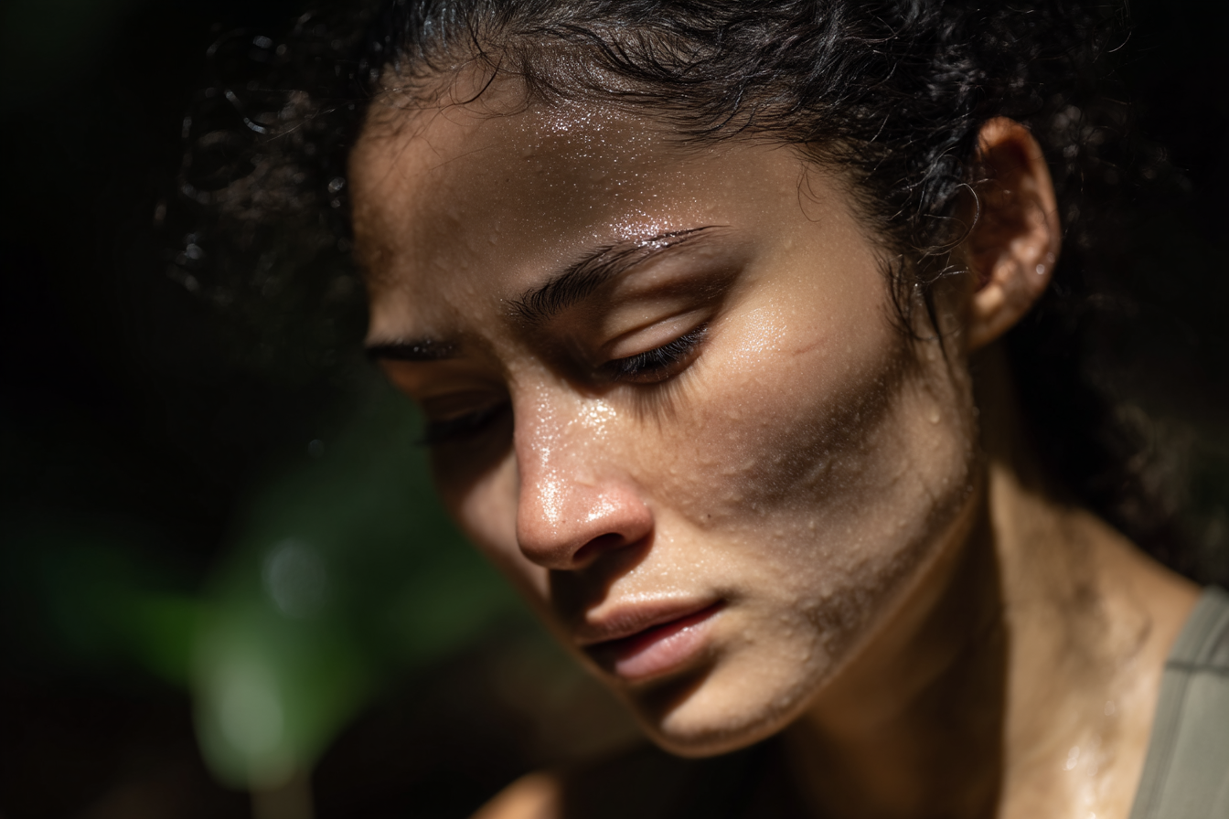 A imagem apresenta um close-up de uma mulher com pele brilhante, sugerindo um ambiente úmido. A iluminação destaca os contornos do rosto e revela texturas na pele, como gotas de suor e pequenas imperfeições. O fundo é desfocado, com tons de verde que indicam a presença de vegetação, contribuindo para um ambiente natural e orgânico.