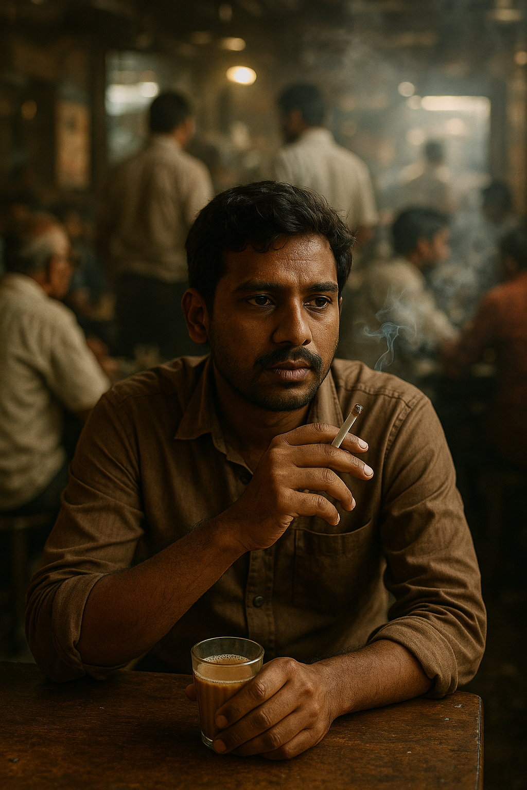A man enjoys a moment with chai and a cigarette in a bustling café